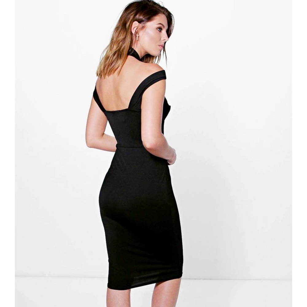 Boohoo Strappy Top‎ Detail Midi Bodycon Little Black Dress, Size 12 (NWT)